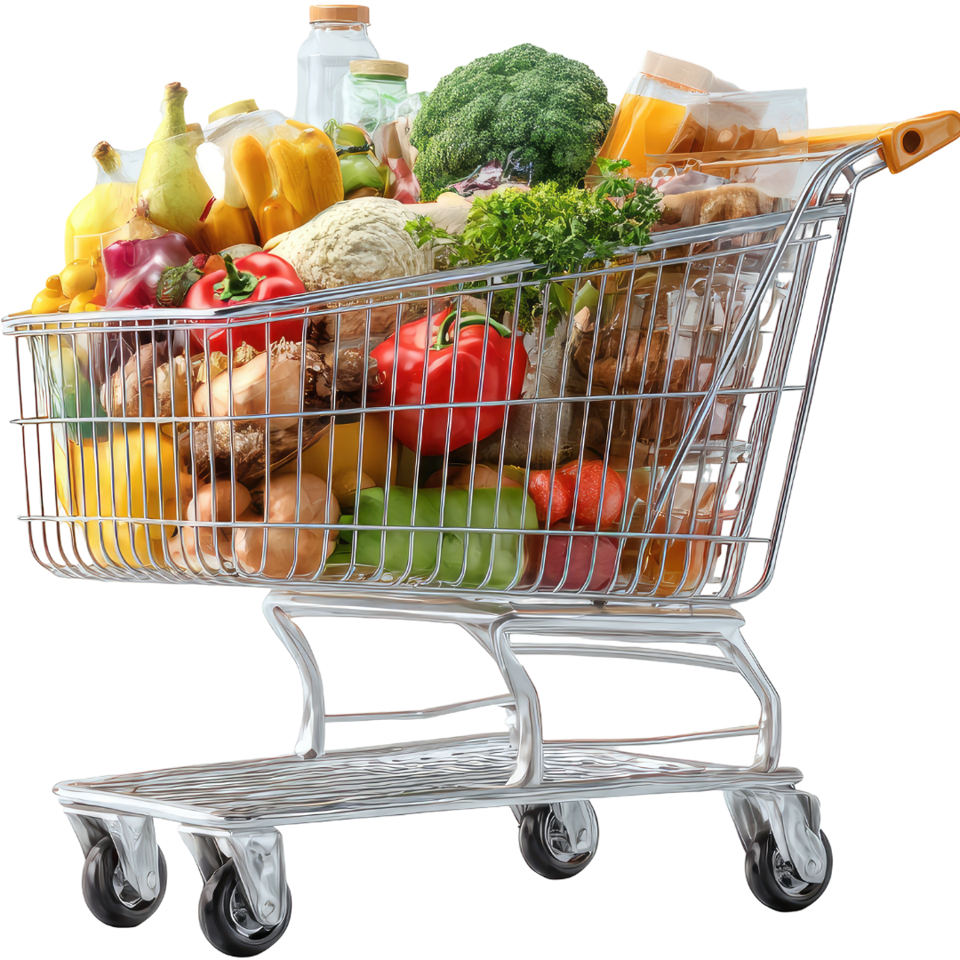 Carrinho do Supermercado São Carlos cheio de produtos frescos